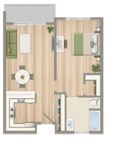 Floor plan for 1 bed, 1 bath, 625 sqft